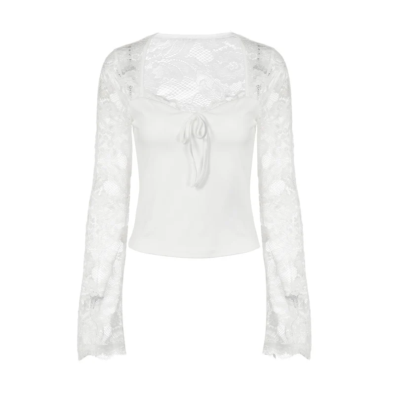 Lace long sleeve self tie patchwork top
