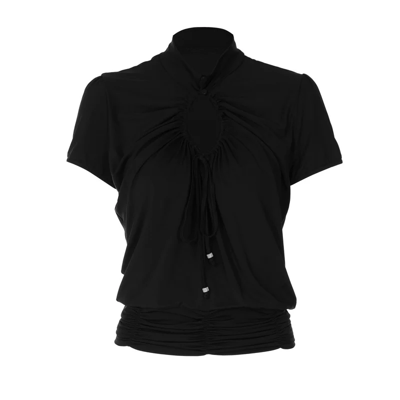 Cut out ruched short sleeve self tie top