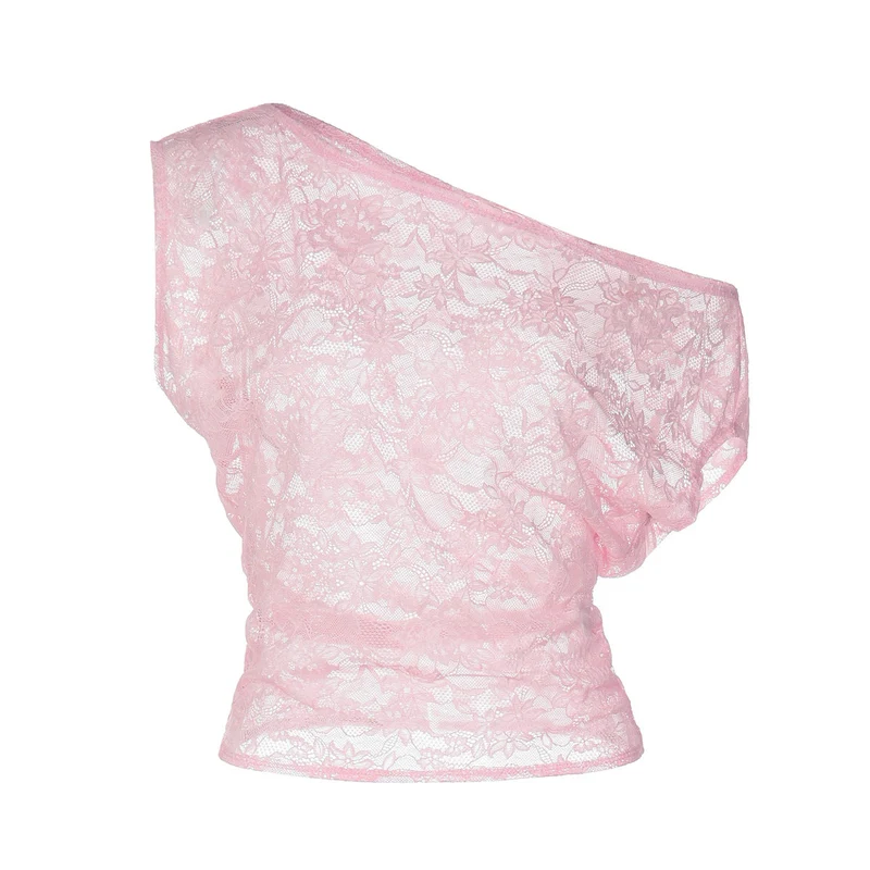 Lace one shoulder see through top