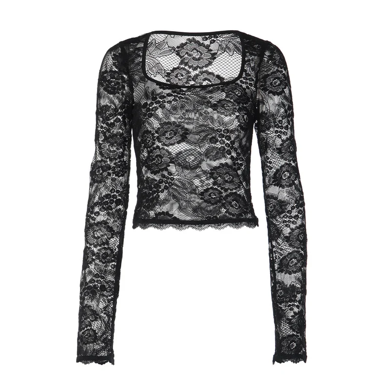 Long sleeve lace square neck see through top