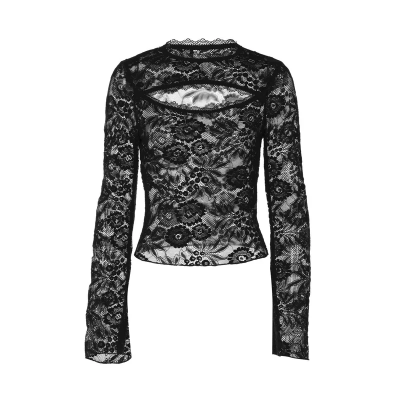 Lace cut out long sleeve see through top