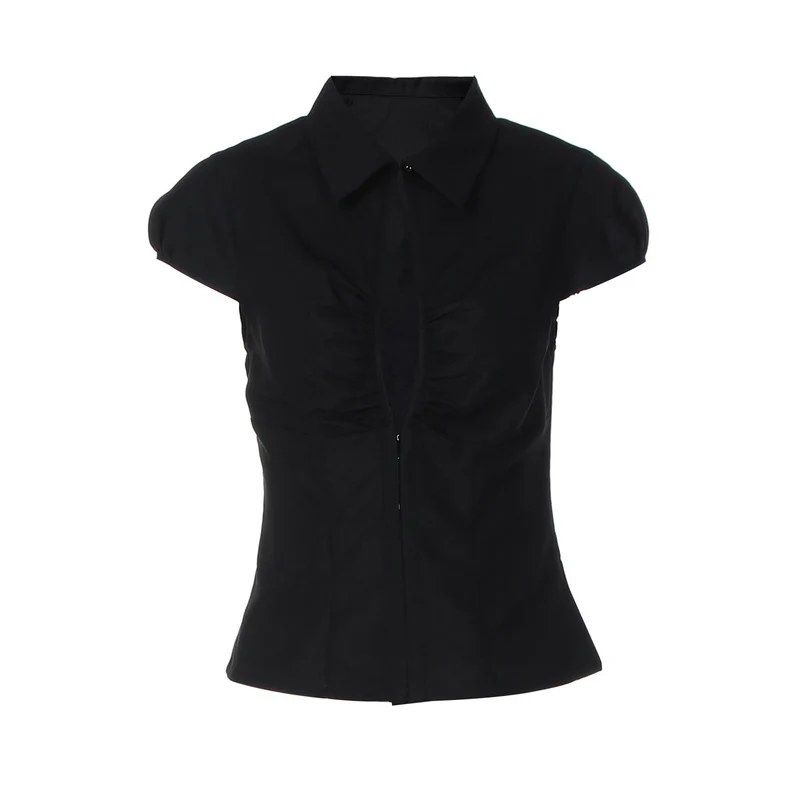 Turnover collar short sleeve button ruched top