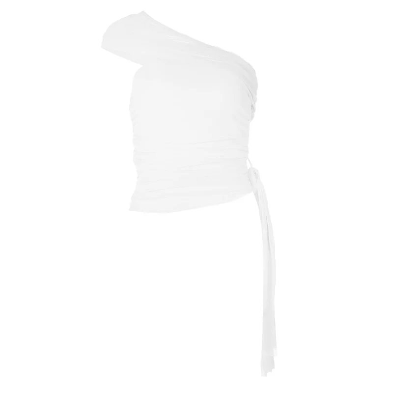 Mesh ruched one shoulder irregular top