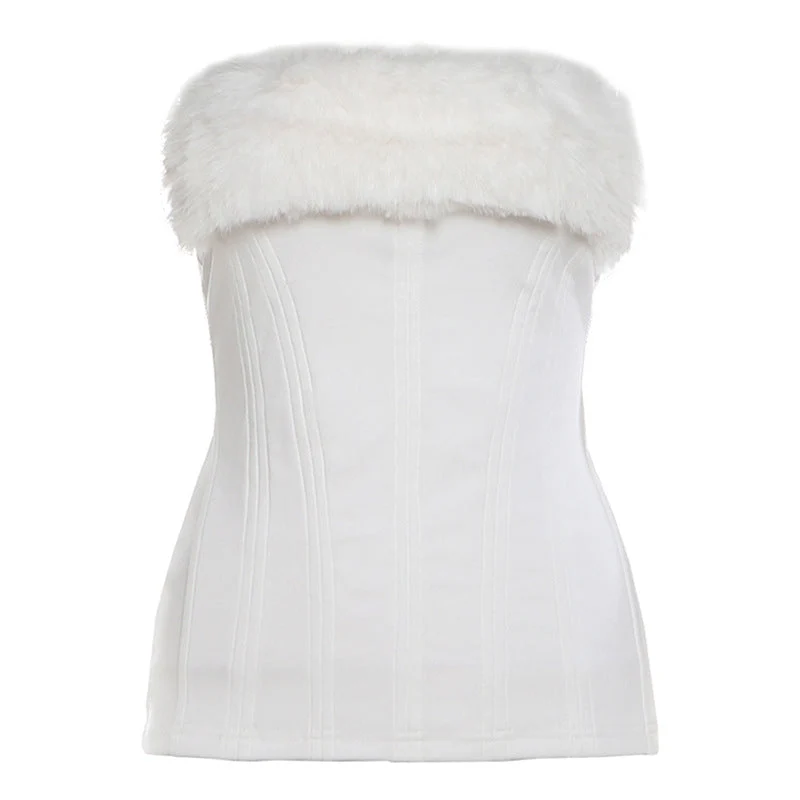 Fluffy patchwork backless tube top