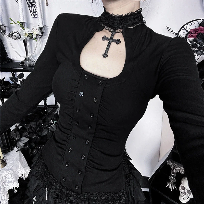 Lace cut out high neck long sleeve top