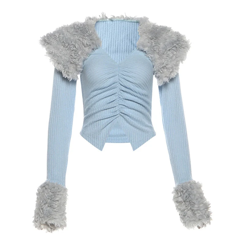 Ruched fluffy long sleeve v neck top