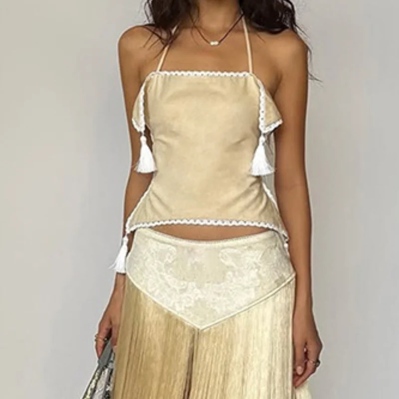 Lace halter self tie backless top