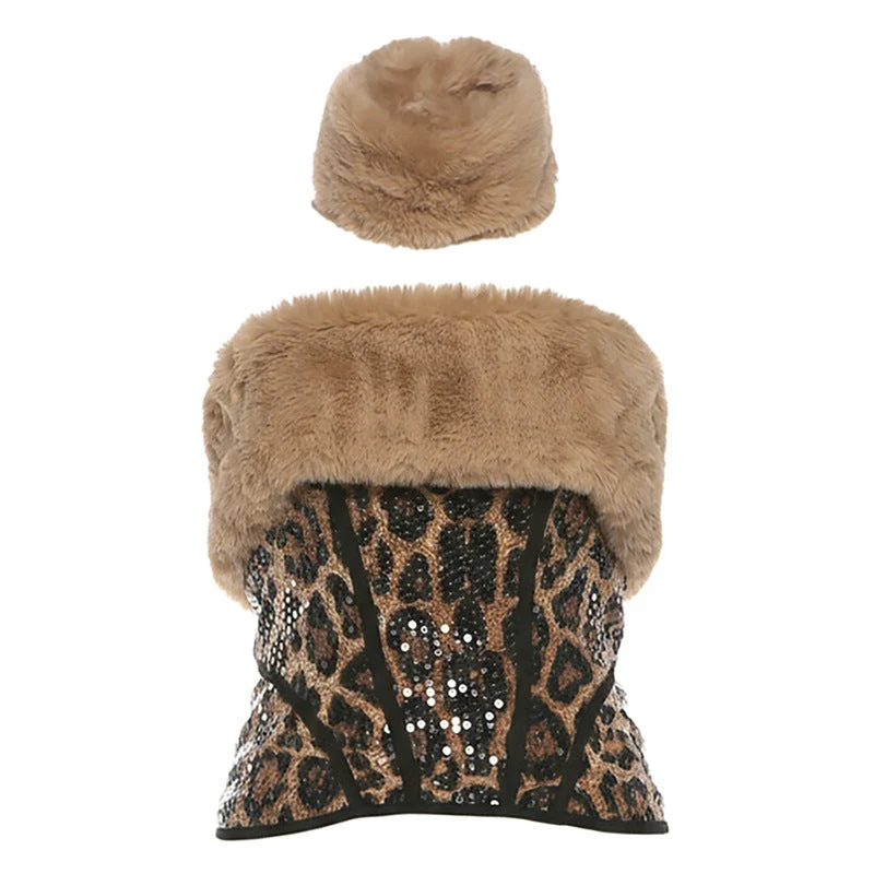 Leopard print glitter zip-up fluffy tube top