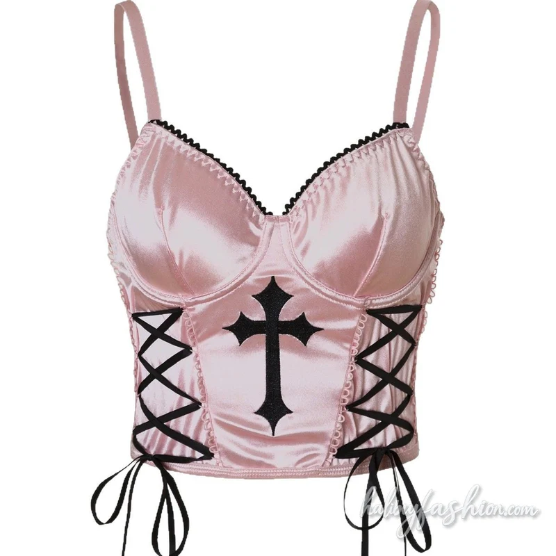 Satin v neck lace up cross embroidery cami top
