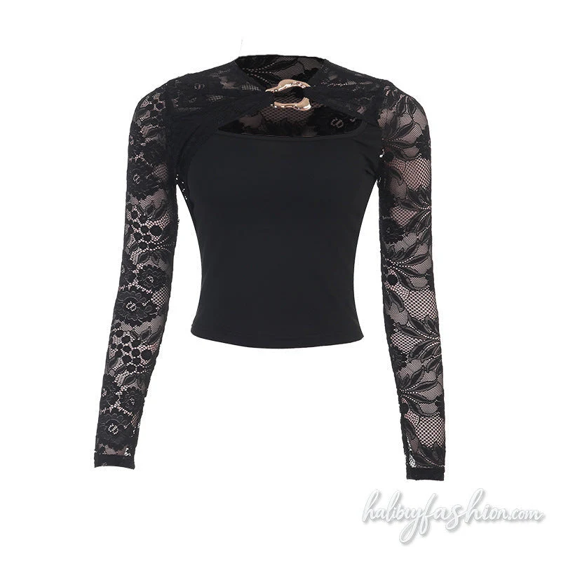 Lace long sleeve cut out solid crop top
