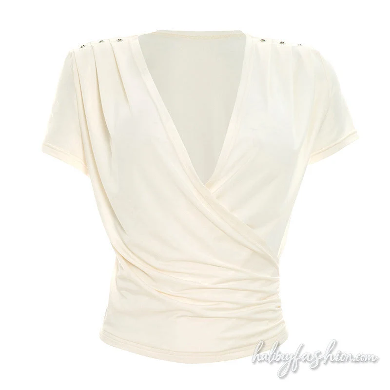Ruched short sleeve v neck solid crop top