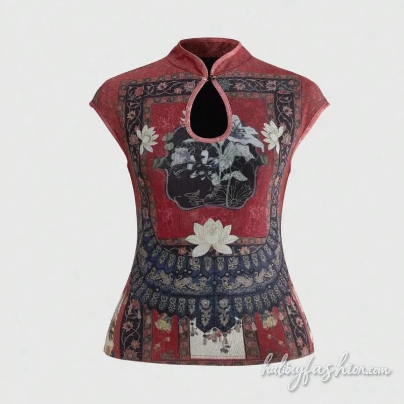 Cut out cap sleeve flower print crop top