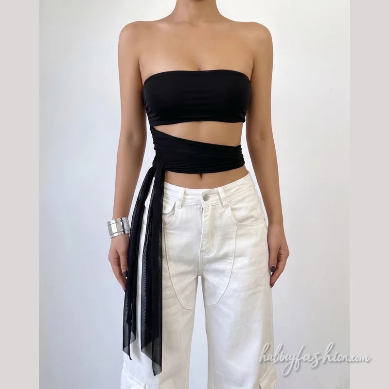 Ruched irregular zip-up cut out tube top