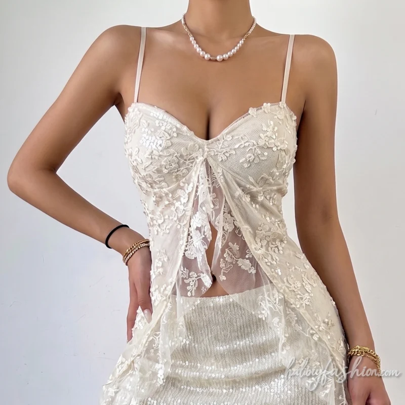 Glitter mesh v neck slit backless cami crop top