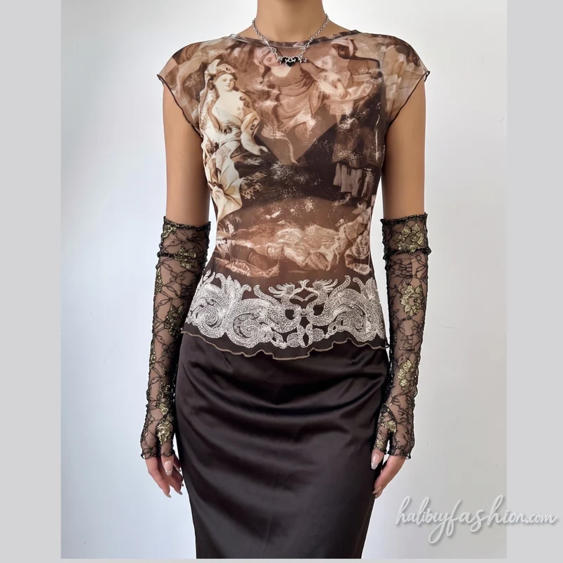 Mesh cap sleeve ruffle crewneck print top