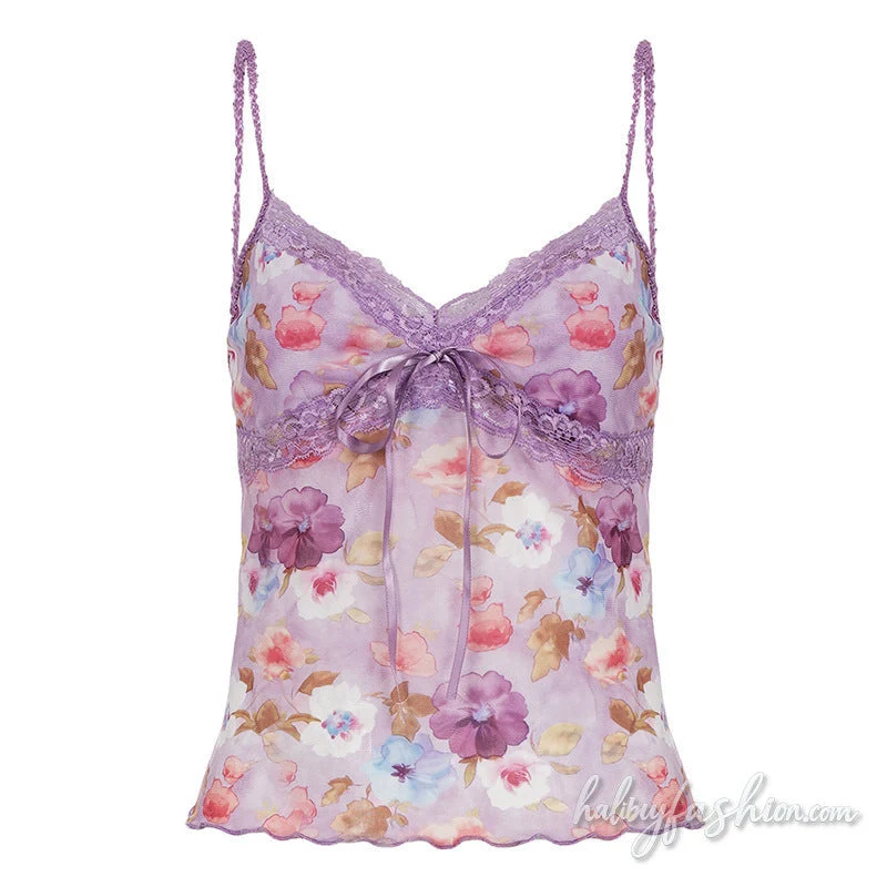 Lace hem v neck flower print mesh cami top