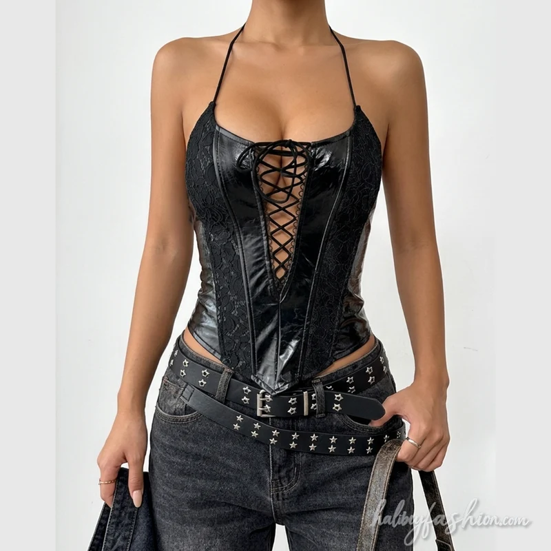 Halter self tie cut out backless solid crop top