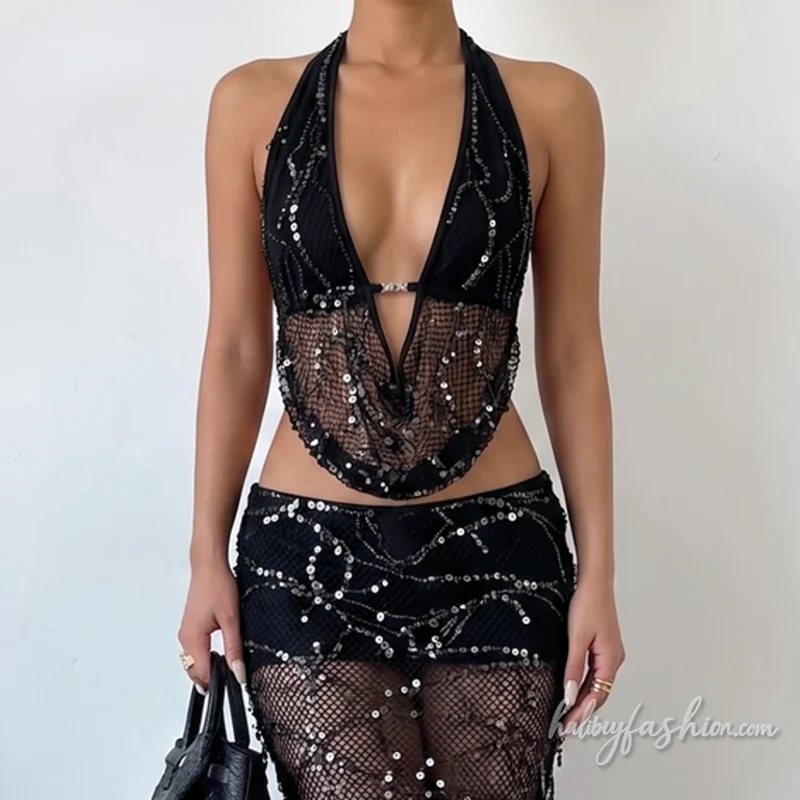 Glitter halter self tie cut out backless crop top