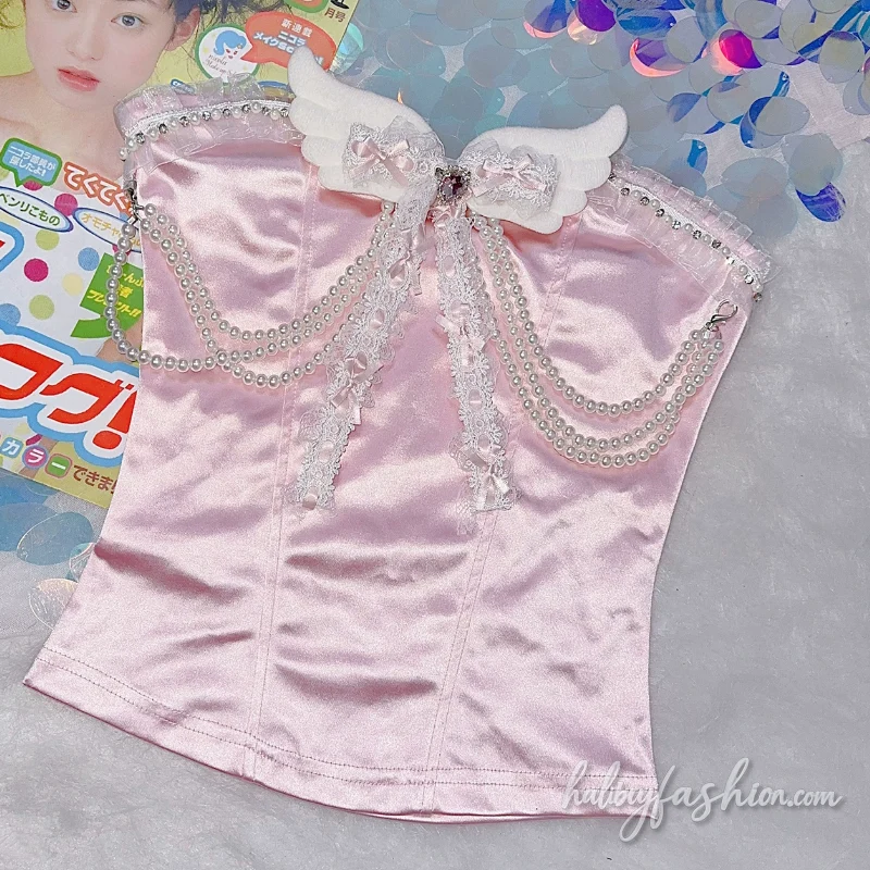 Satin bowknot beaded wings applique tube top