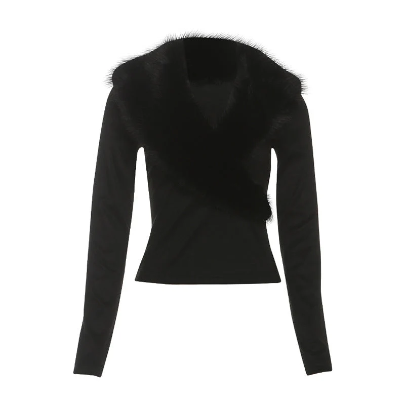 Long sleeve fluffy v neck solid top