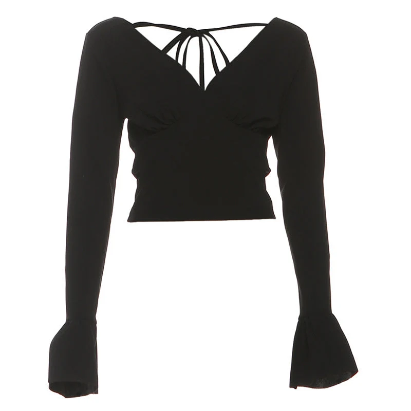Long flared sleeve v neck self tie solid top