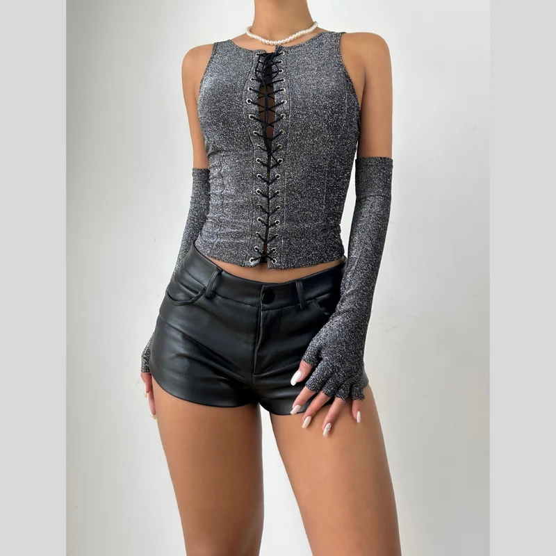 Lace up glitter gloves top