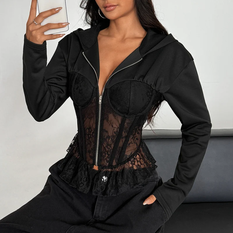Hoodie long sleeve zip-up corset top