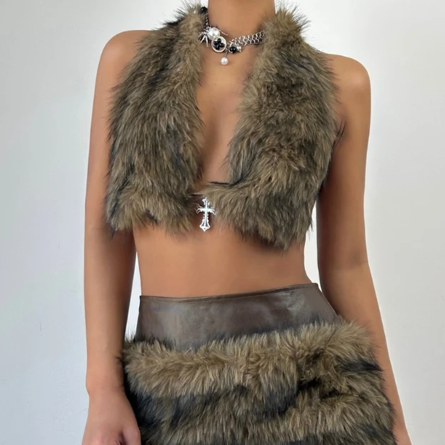 Halter backless self tie fluffy top