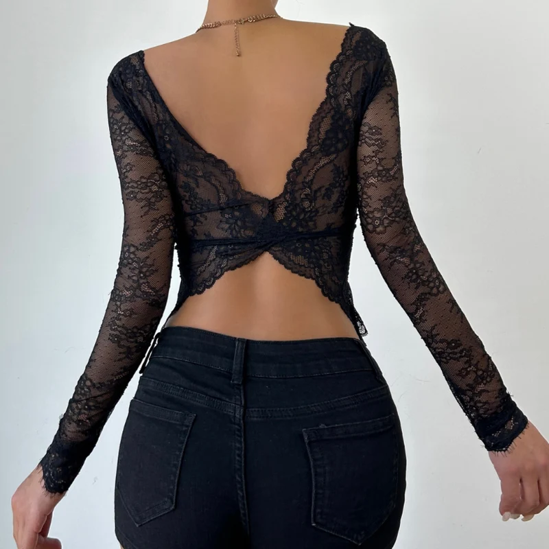 Lace v neck long sleeve top