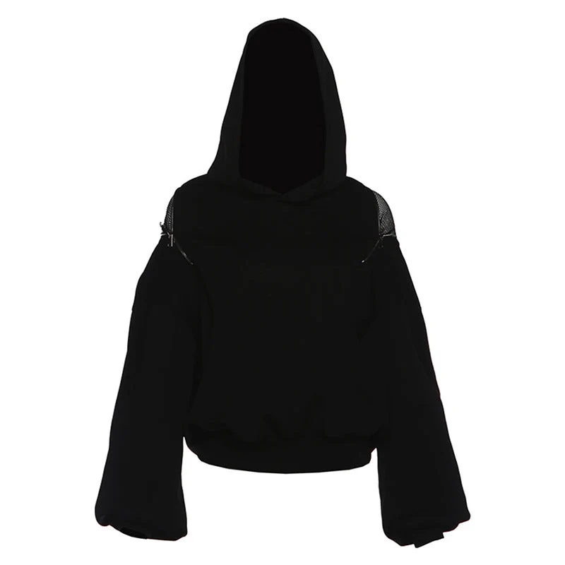 Hoodie long sleeve zip-up fishnet top