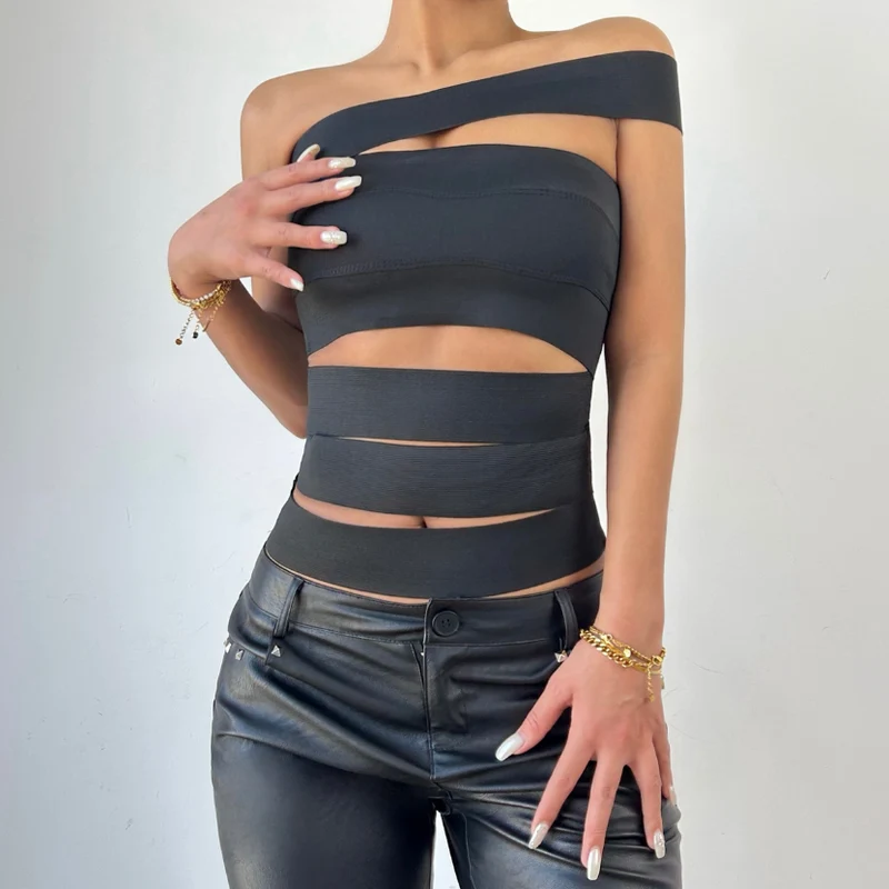 One shoulder hollow out solid cut out top