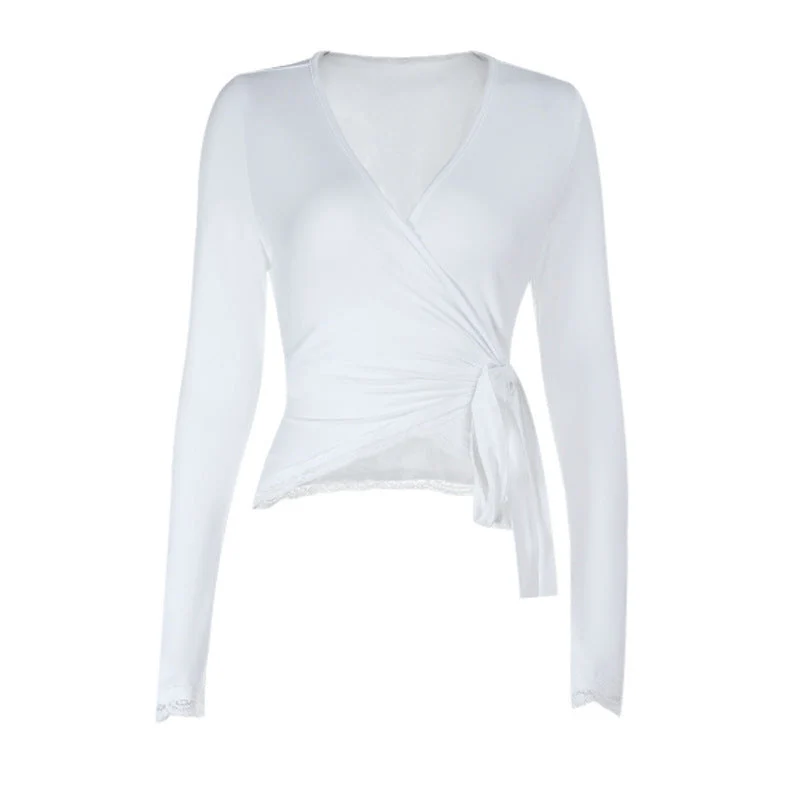 Self tie v neck long sleeve lace hem solid top