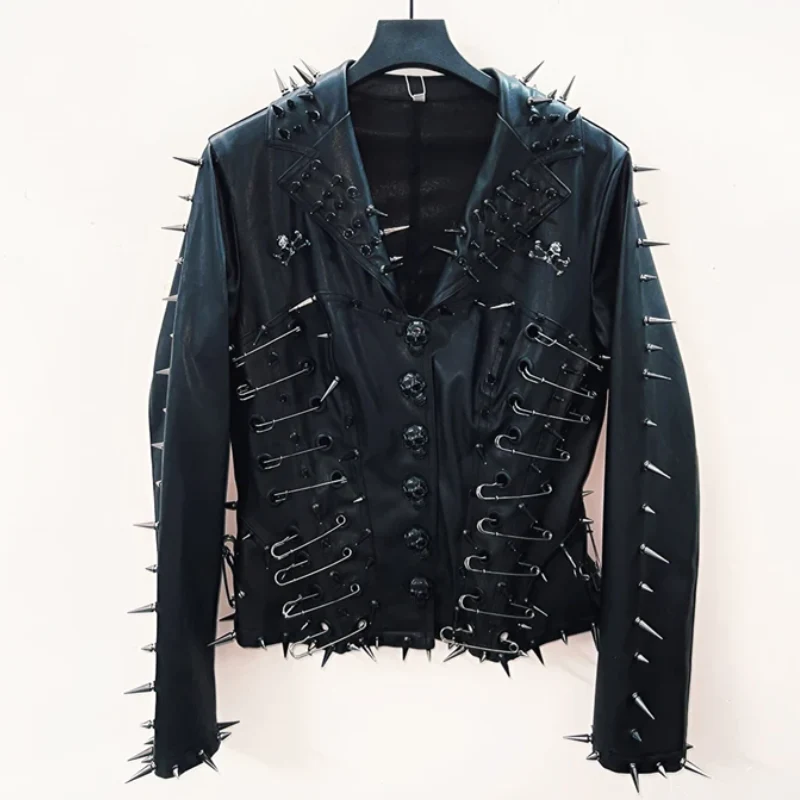 Long sleeve turnover collar PU leather skull applique top