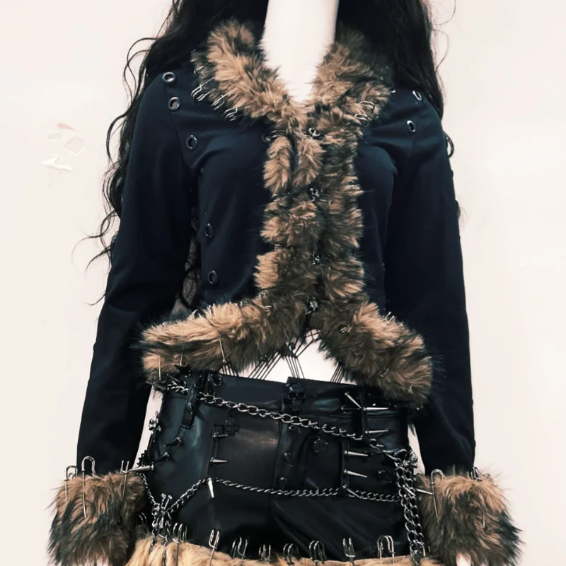 Cut out fluffy long sleeve skull applique top