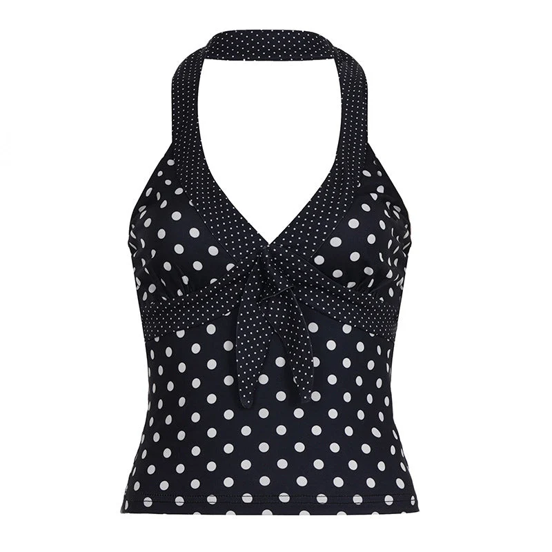 Backless halter v neck polka dot top
