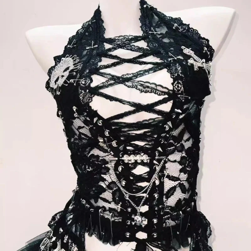 Lace skull beaded halter backless top