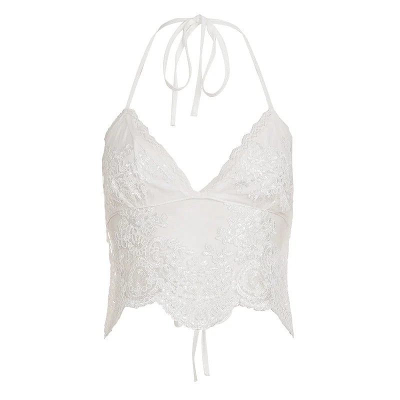 Halter lace backless self tie top