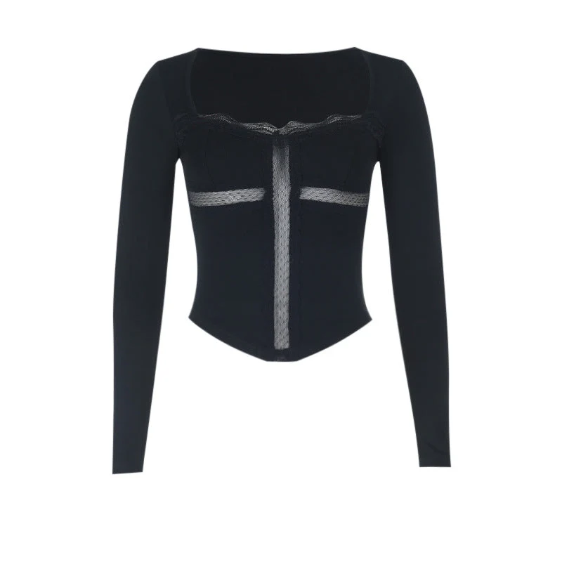 Lace long sleeve cross hem top