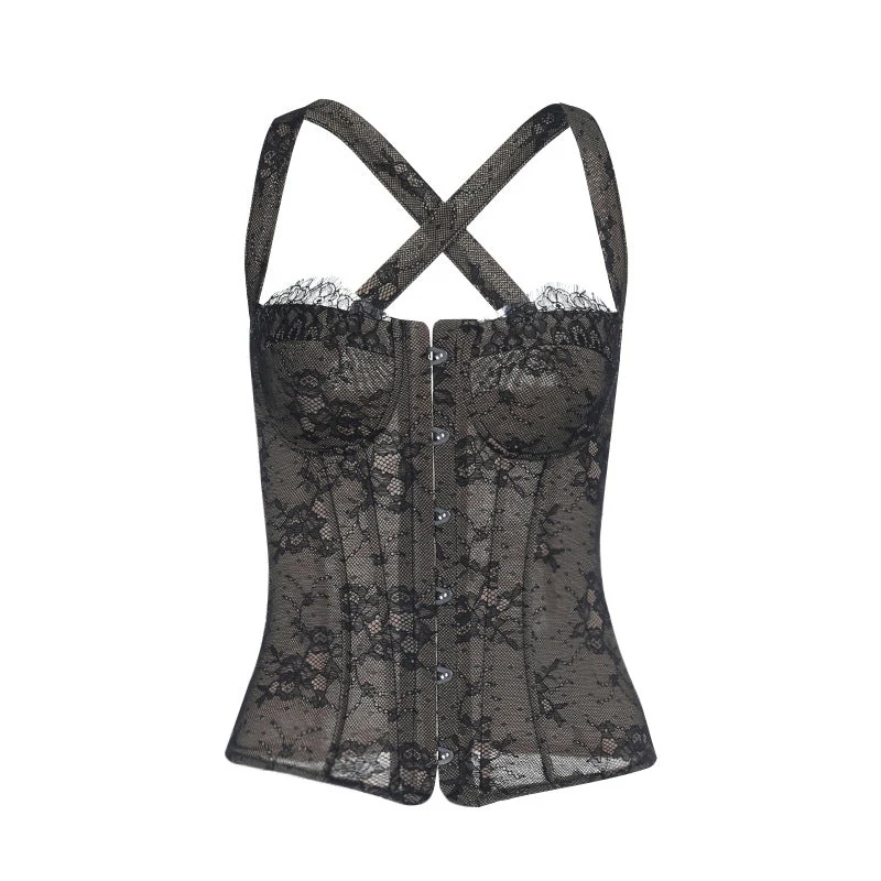 Lace cross backless button cami top