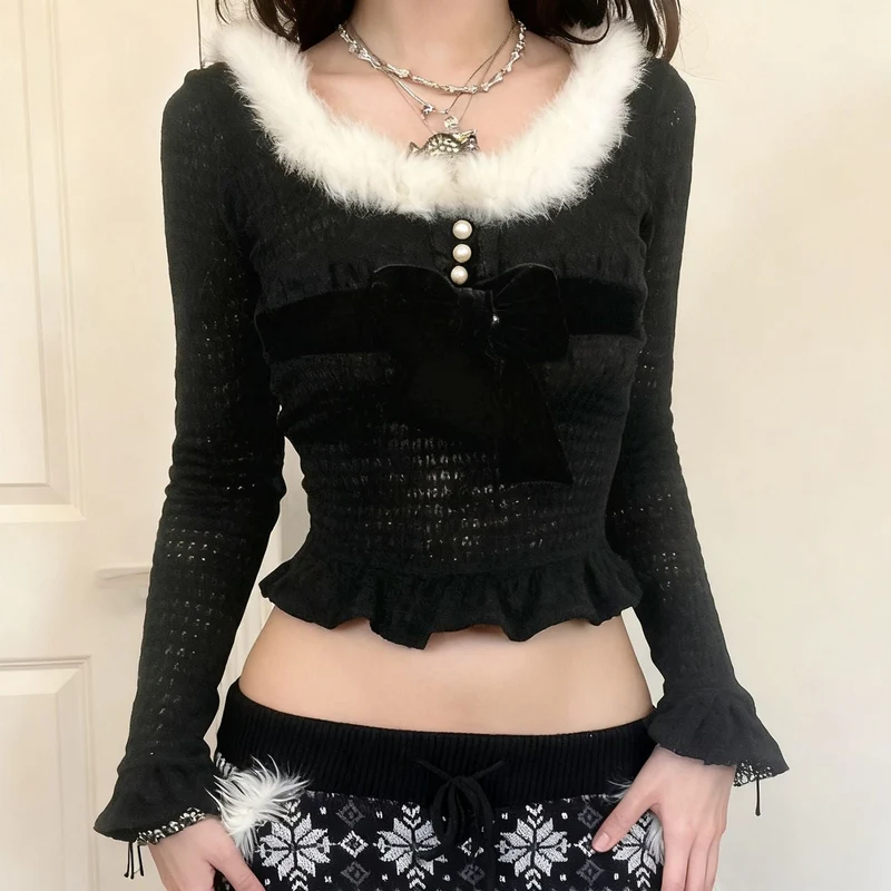 Long sleeve fluffy ruffle bowknot top