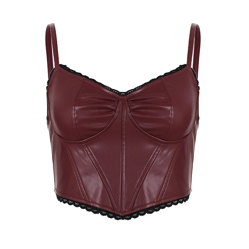 Leather lace hem v neck zip-up cami top