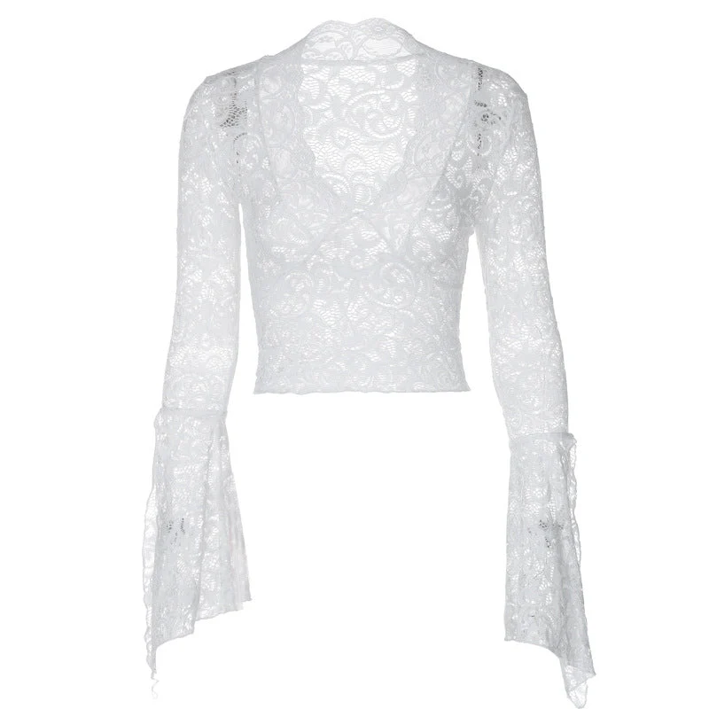 Lace see through long sleeve v neck top