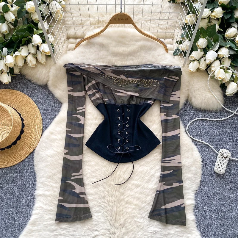 Long sleeve beaded lace up print top