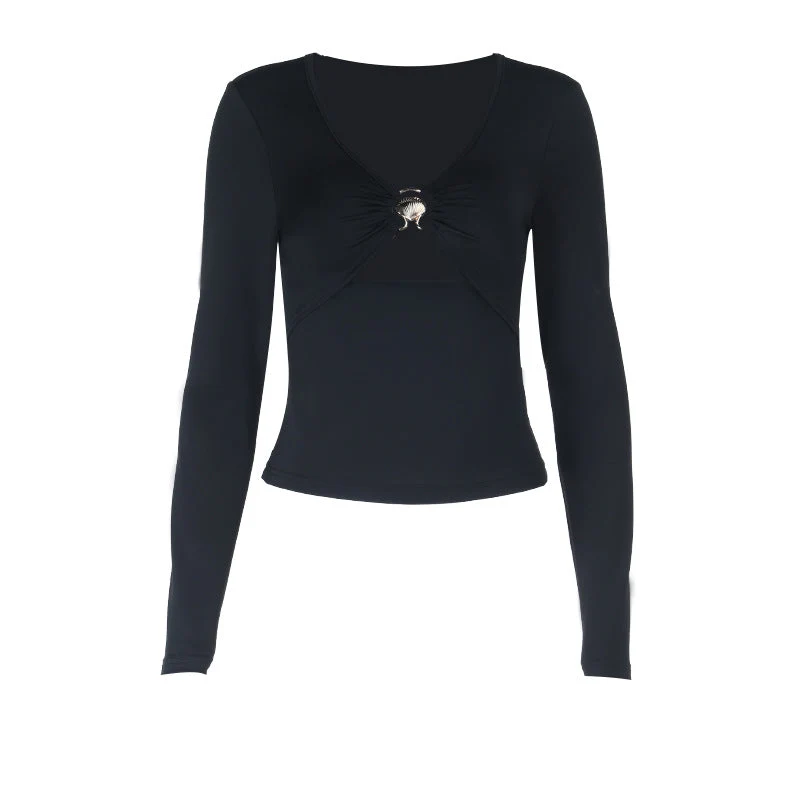 Cut out v neck long sleeve ruched top