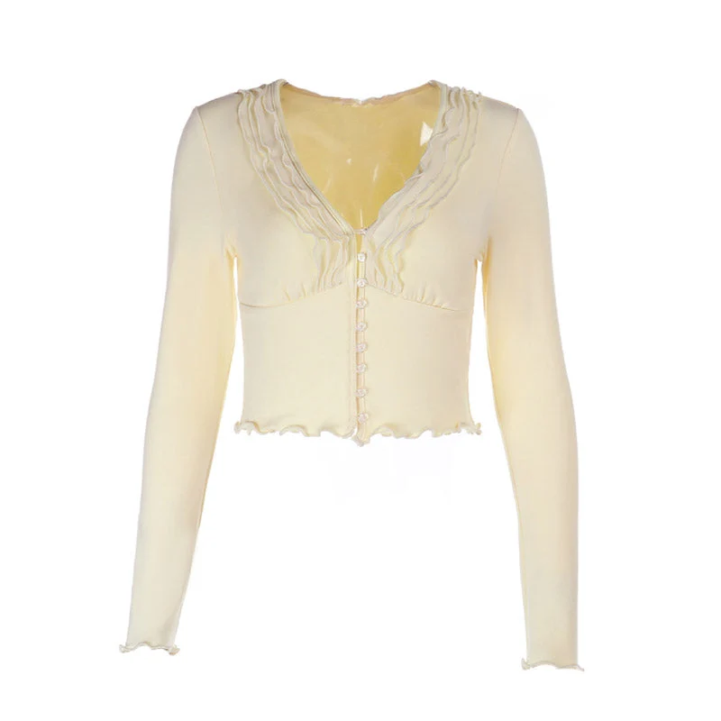 Long sleeve ruffle v neck button solid top