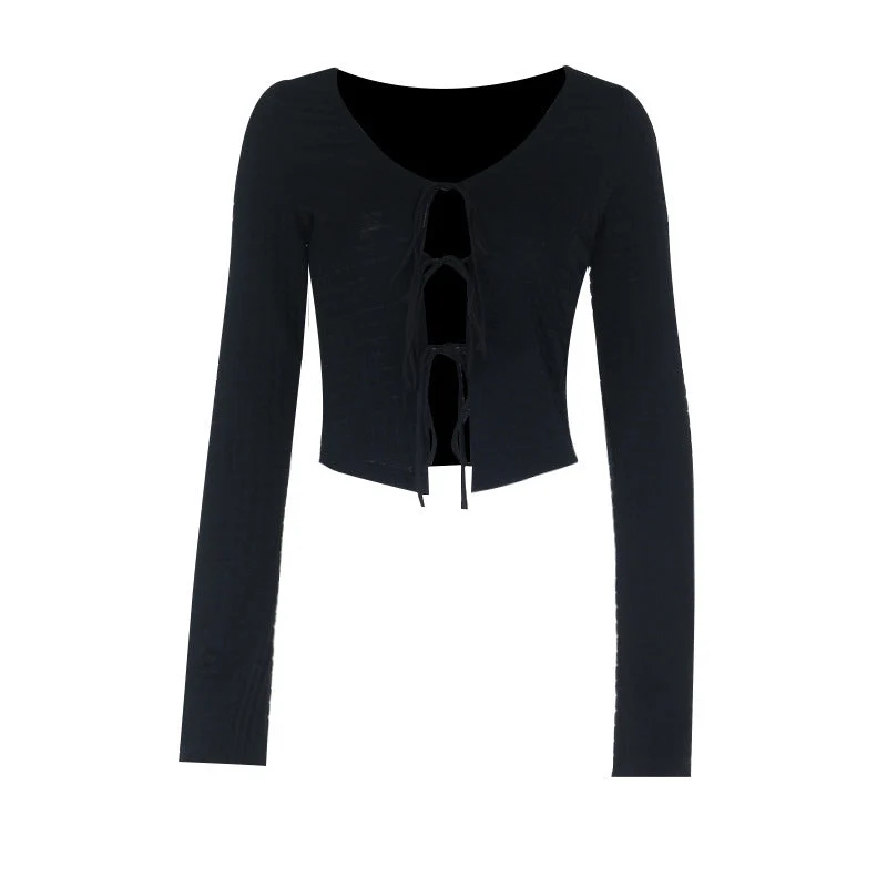 Cut out long sleeve v neck textured top