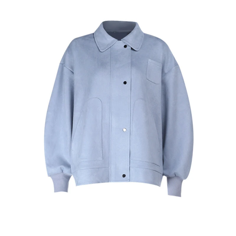 Turnover collar long sleeve zip-up button top