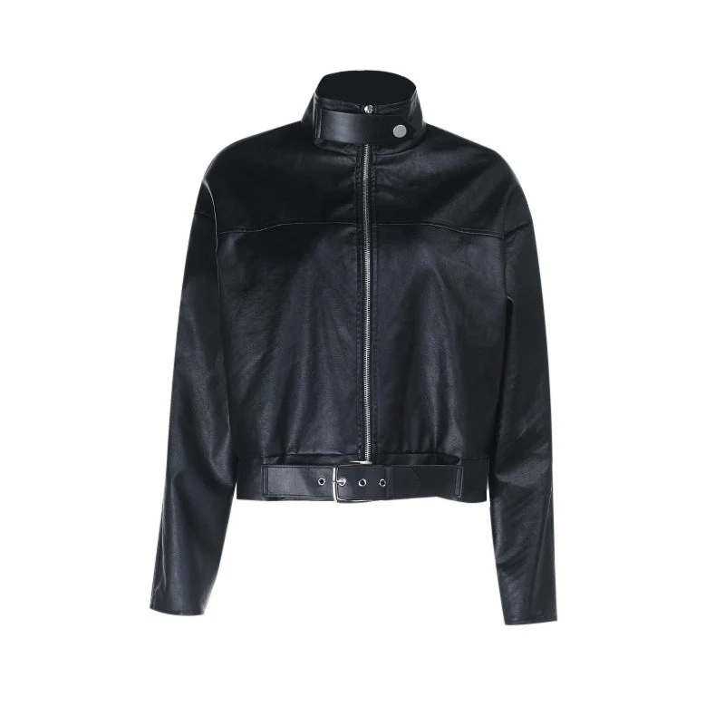 Leather long sleeve high neck zip-up top