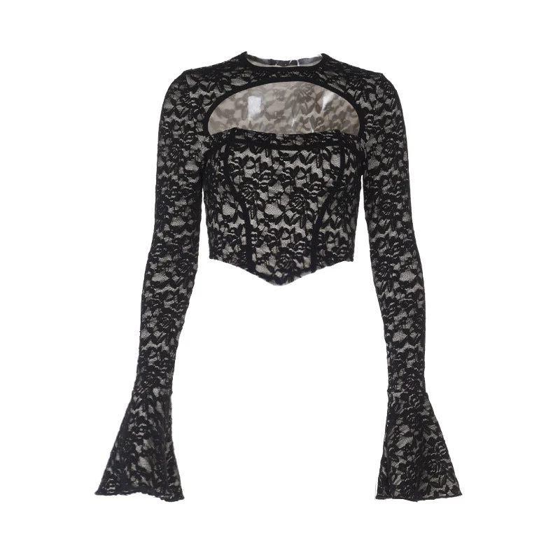 Lace cut out long sleeve crewneck top