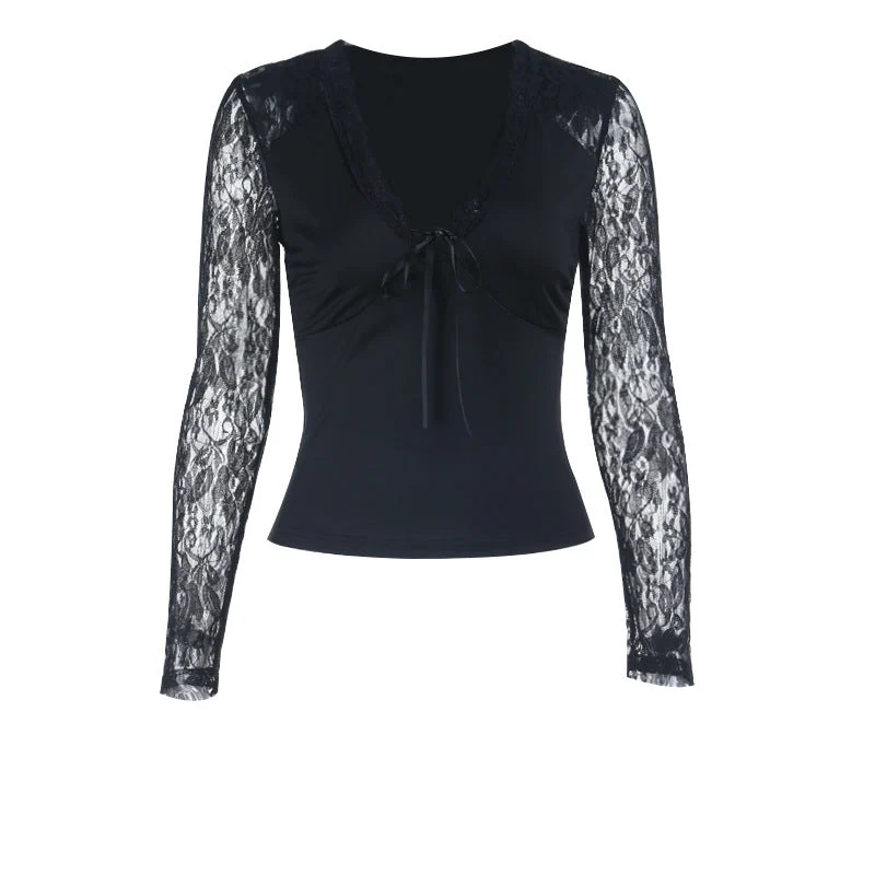 Lace long sleeve self tie v neck top